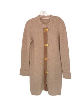 Tory Burch Camel Beige Ribbed Toggle Coatigan with Gold Hardware XL